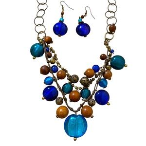 Chunky Handmade Blue Glass Bead Wood Colorful Multi Strand Necklace Earrings EUC